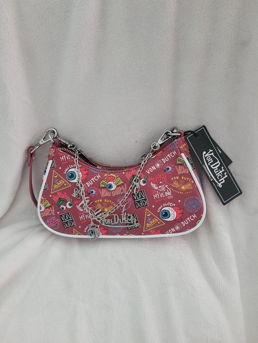 Von Dutch Red Graphic Mini Shoulder Bag with Silver Chain